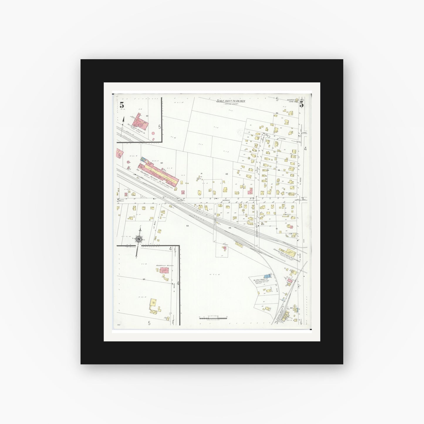 Old map wall art mockup — black gallery frame with white mat — Sanborn Fire Insurance Map from Monroeville, Huron County, Ohio (1939), Sheet #0005