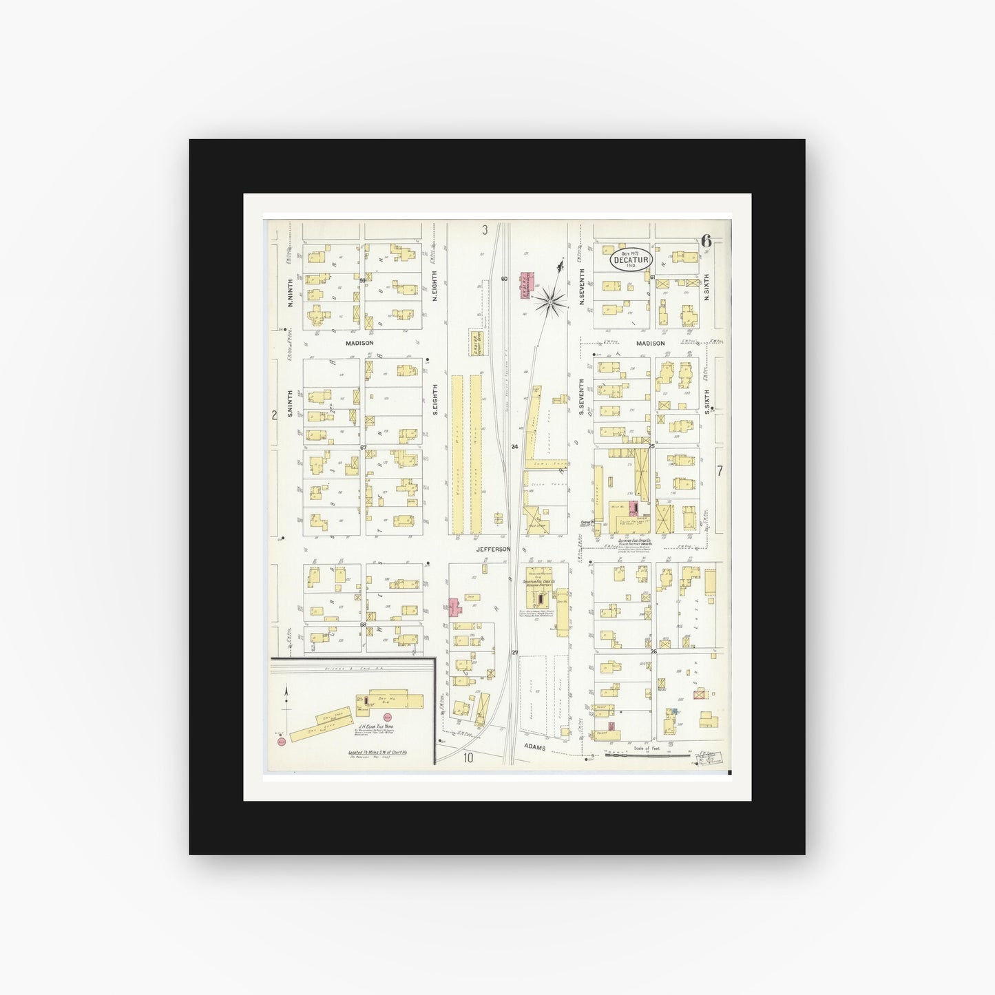 Old map wall art mockup — black gallery frame with white mat — Sanborn Fire Insurance Map from Decatur, Adams County, Indiana (1907), Sheet #0006
