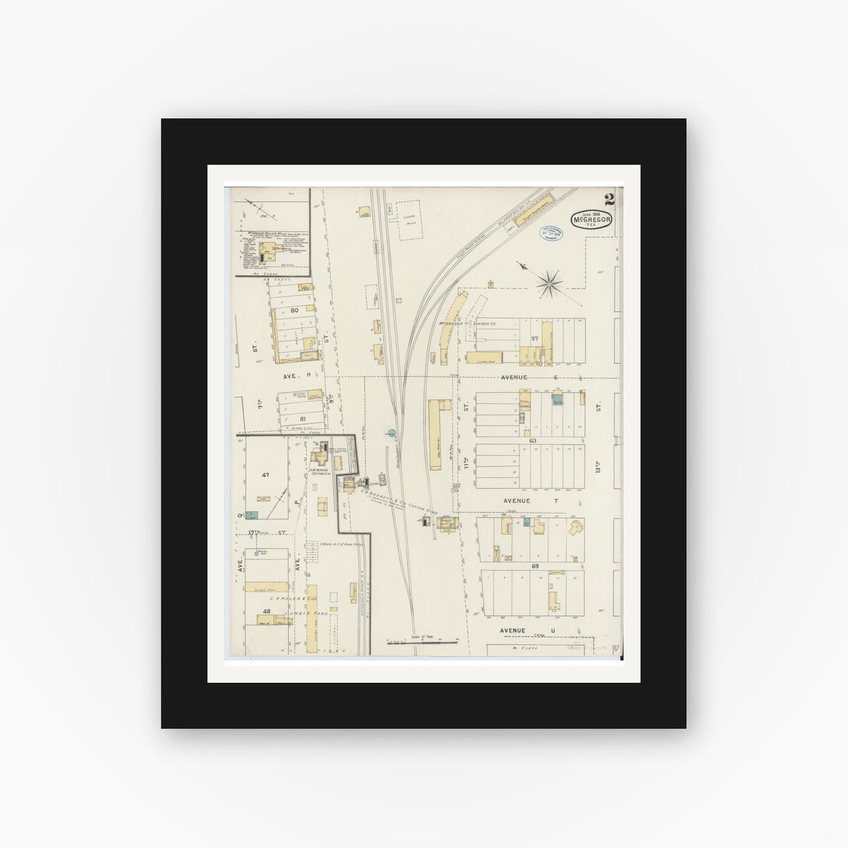 Old map wall art mockup — black gallery frame with white mat — Sanborn Fire Insurance Map from McGregor, McLennan County, Texas (1894), Sheet #0002