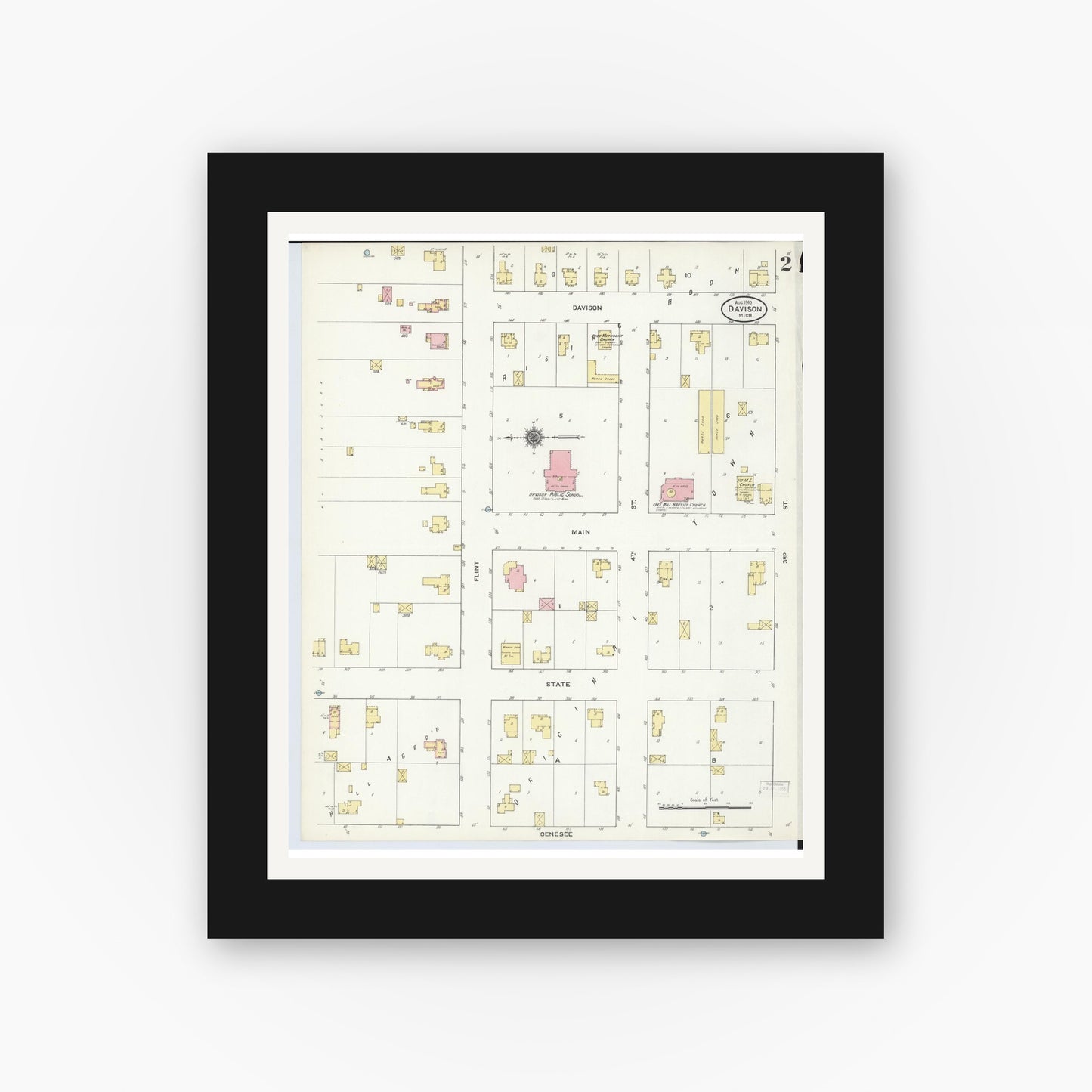 Old map wall art mockup — black gallery frame with white mat — Sanborn Fire Insurance Map from Davison, Genesee County, Michigan (1910), Sheet #0002