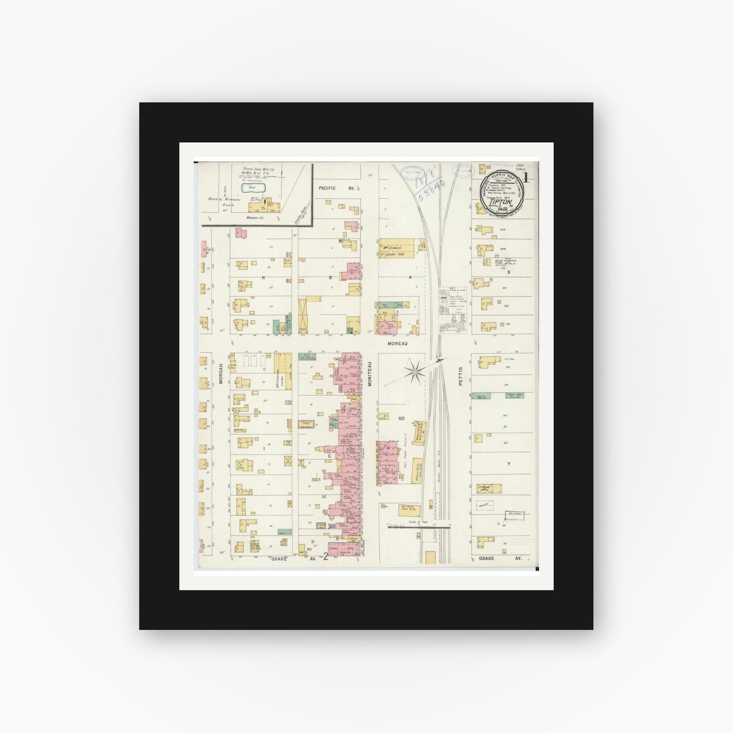 Old map wall art mockup — black gallery frame with white mat — Sanborn Fire Insurance Map from Tipton, Moniteau County, Missouri (1898) - Complete Map Set