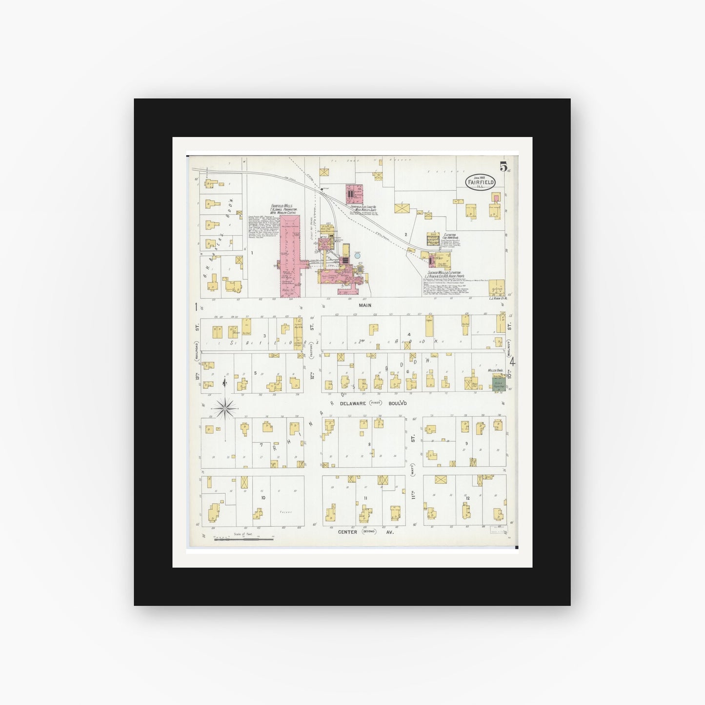 Old map wall art mockup — black gallery frame with white mat — Sanborn Fire Insurance Map from Fairfield, Wayne County, Illinois (1901), Sheet #0005