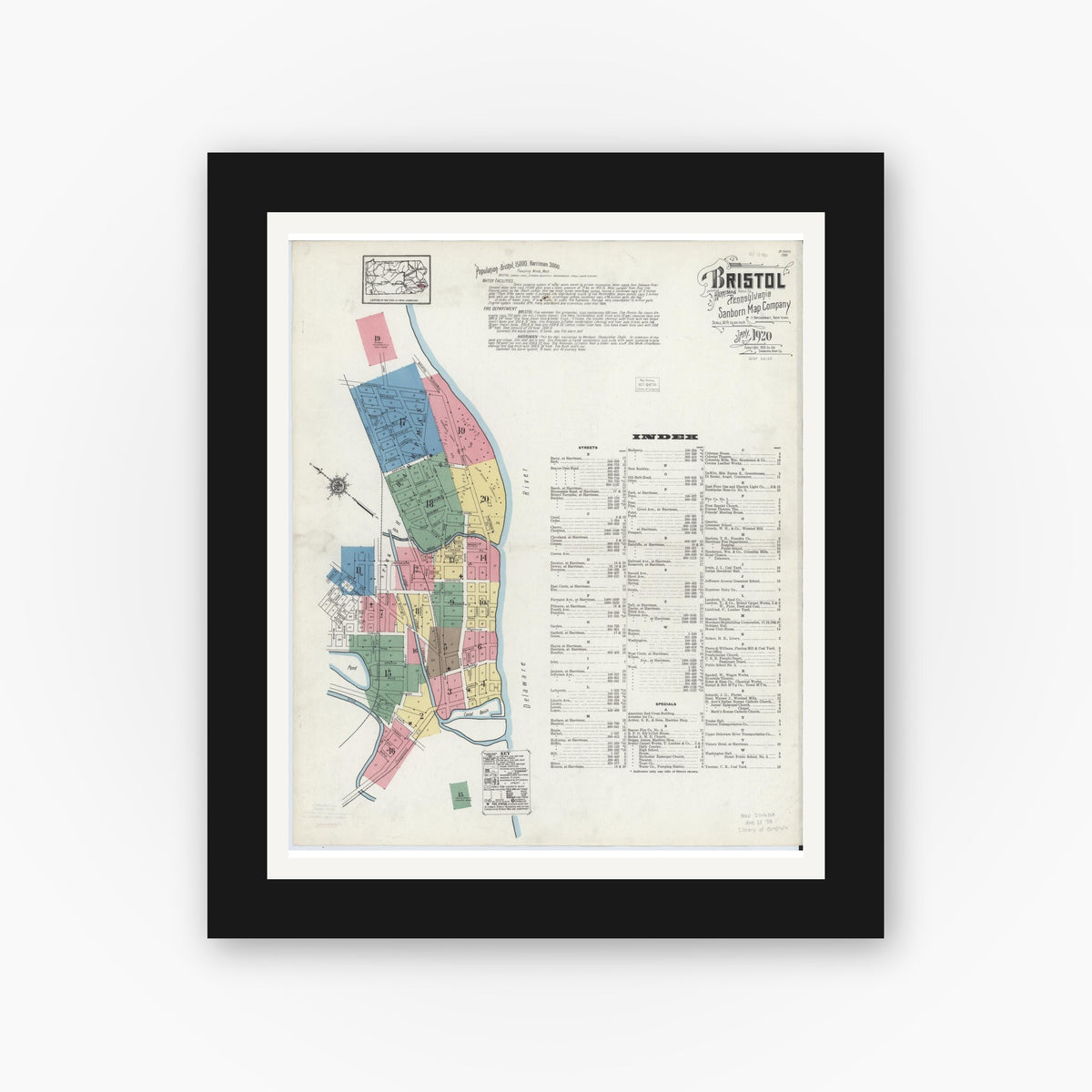 Old map wall art mockup β black gallery frame with white mat β Sanborn Fire Insurance Map from Bristol, Bucks County, Pennsylvania (1927), Sheet #0001