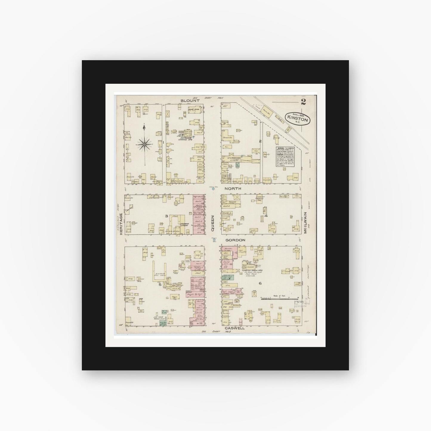 Old map wall art mockup — black gallery frame with white mat — Sanborn Fire Insurance Map from Kinston, Lenoir County, North Carolina (1885), Sheet #0002