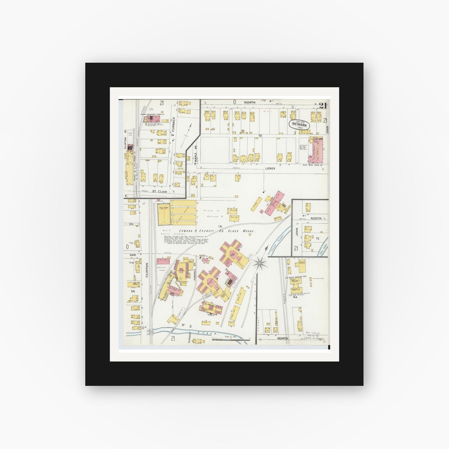 Old map wall art mockup — black gallery frame with white mat — Sanborn Fire Insurance Map from Newark, Licking County, Ohio (1899), Sheet #0021