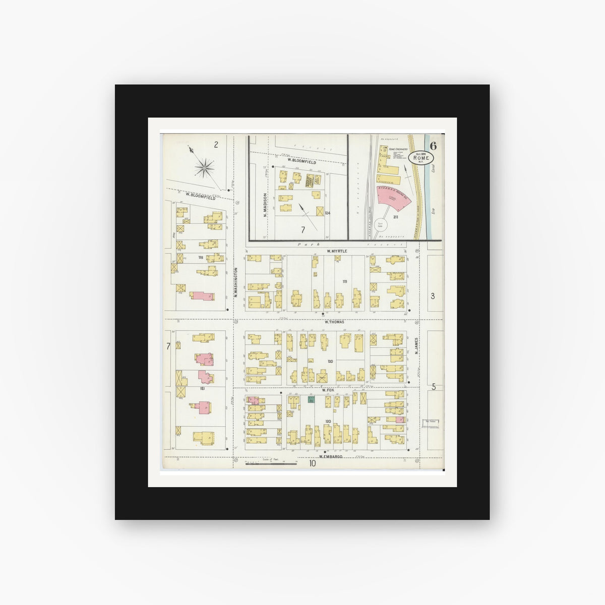 Old map wall art mockup — black gallery frame with white mat — Sanborn Fire Insurance Map from Rome, Oneida County, New York (1899), Sheet #0006
