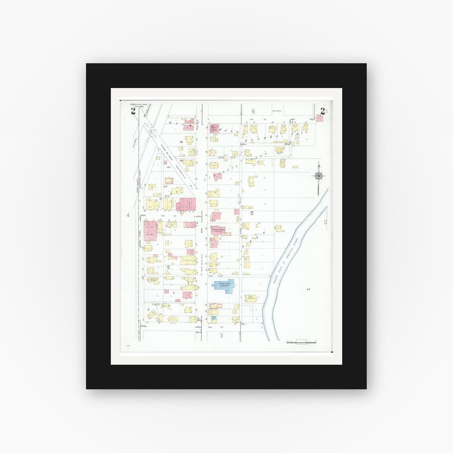 Old map wall art mockup — black gallery frame with white mat — Sanborn Fire Insurance Map from Roseville, Perry And Muskingum Counties, Ohio (1946), Sheet #0002