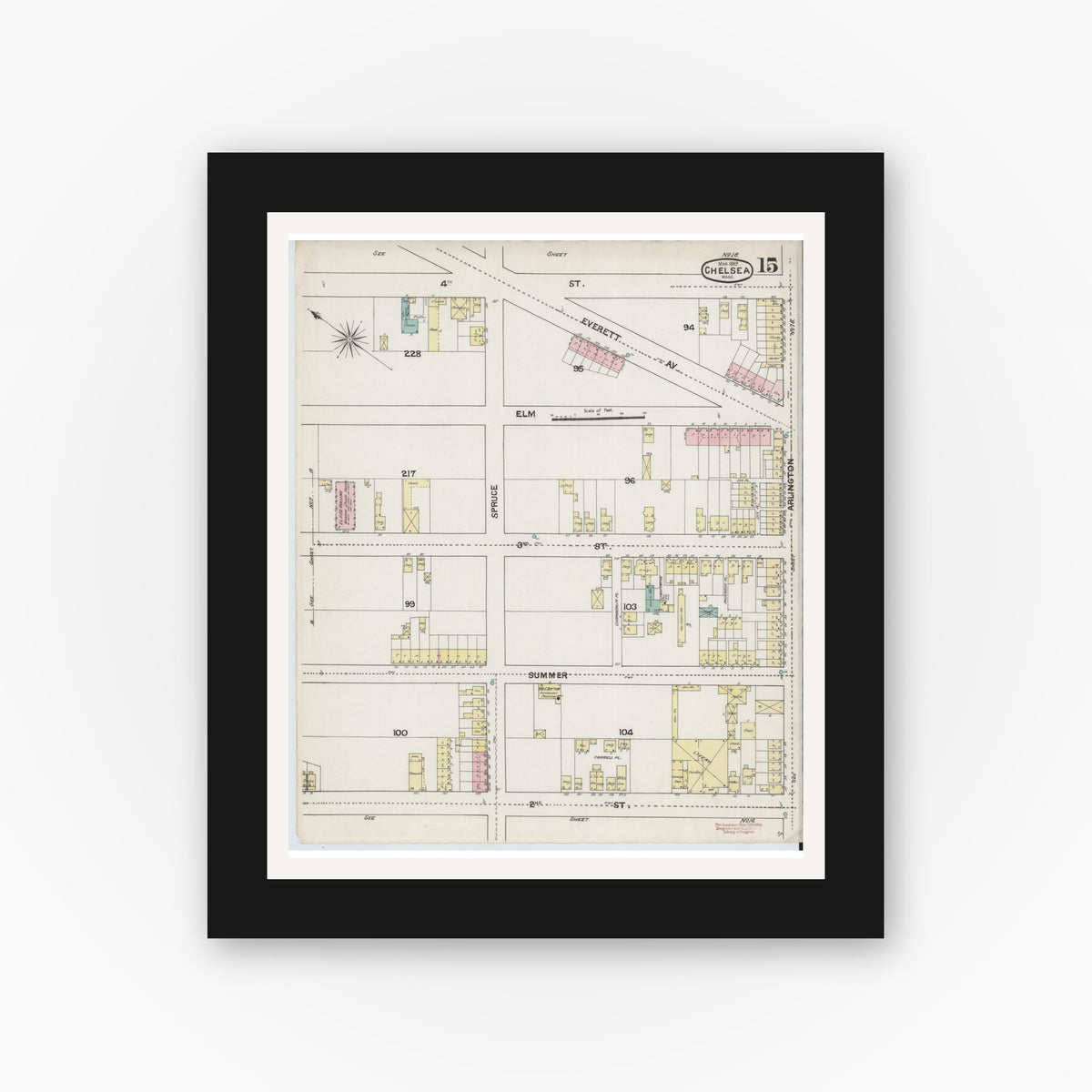 Old map wall art mockup — black gallery frame with white mat — Sanborn Fire Insurance Map from Chelsea, Suffolk County, Massachusetts (1889), Sheet #0015