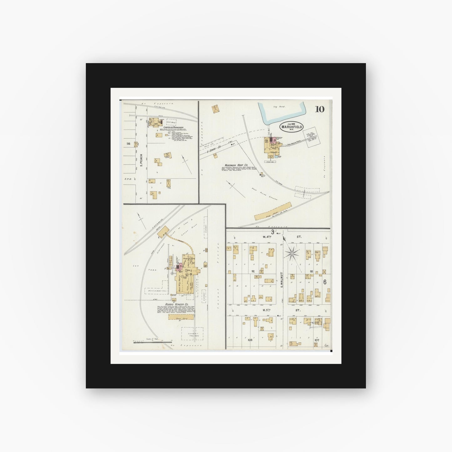 Old map wall art mockup — black gallery frame with white mat — Sanborn Fire Insurance Map from Marshfield, Wood County, Wisconsin (1898), Sheet #0010