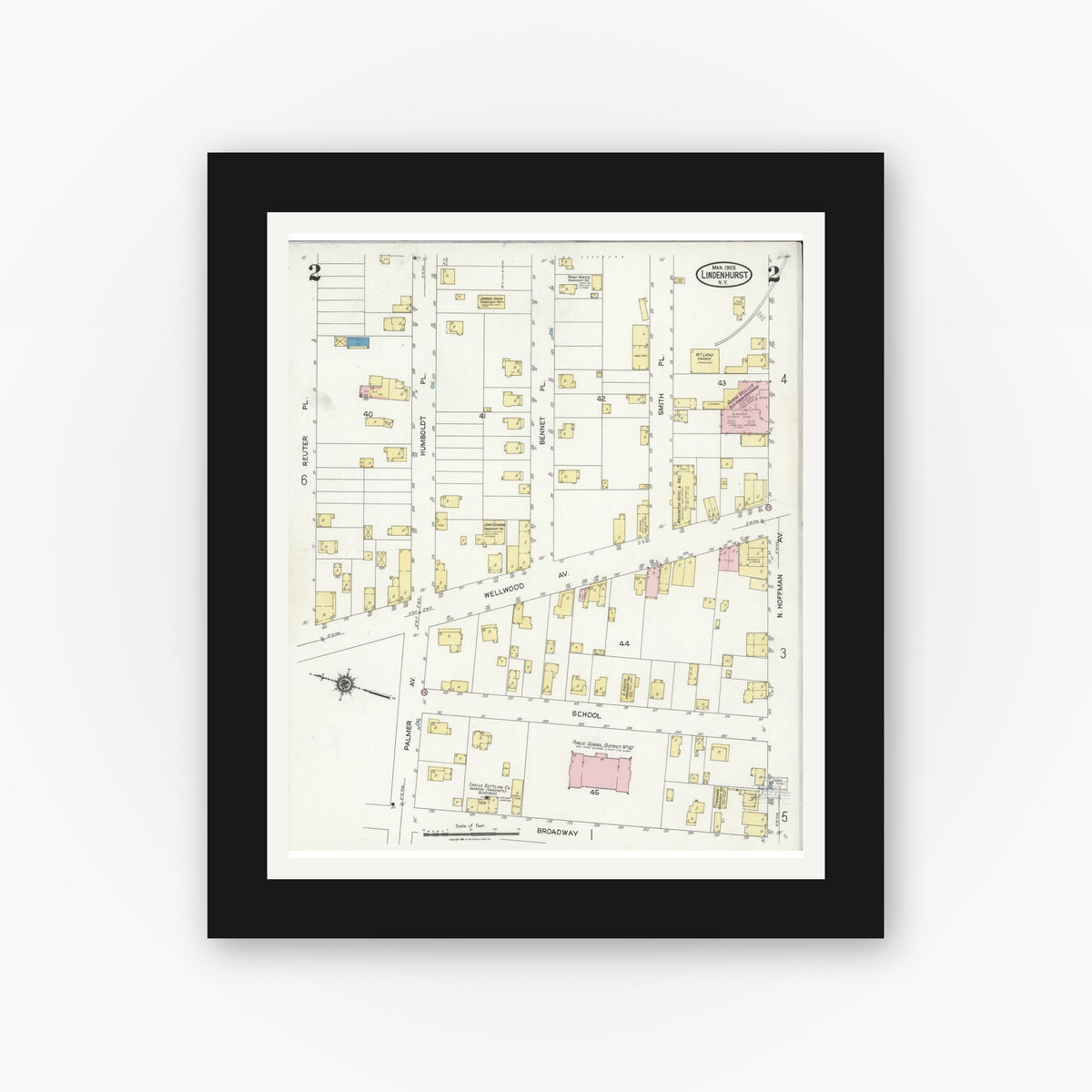 Old map wall art mockup — black gallery frame with white mat — Sanborn Fire Insurance Map from Lindenhurst, Suffolk County, New York (1925), Sheet #0002