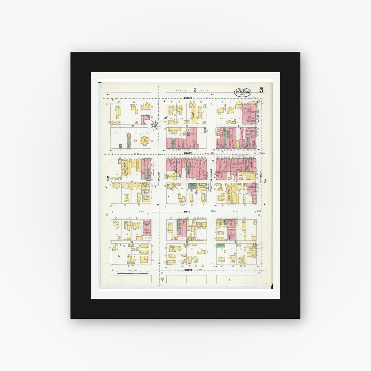 Old map wall art mockup — black gallery frame with white mat — Sanborn Fire Insurance Map from Saint Joseph, Berrien County, Michigan (1902), Sheet #0005
