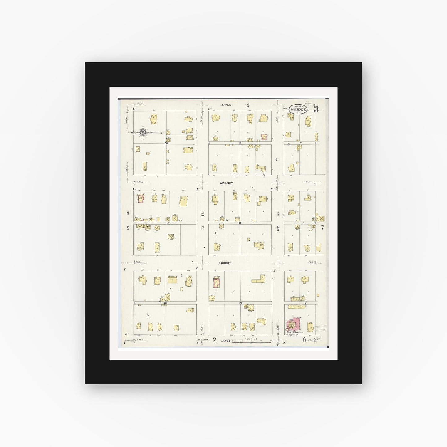 Old map wall art mockup — black gallery frame with white mat — Sanborn Fire Insurance Map from Momence, Kankakee County, Illinois (1913), Sheet #0003