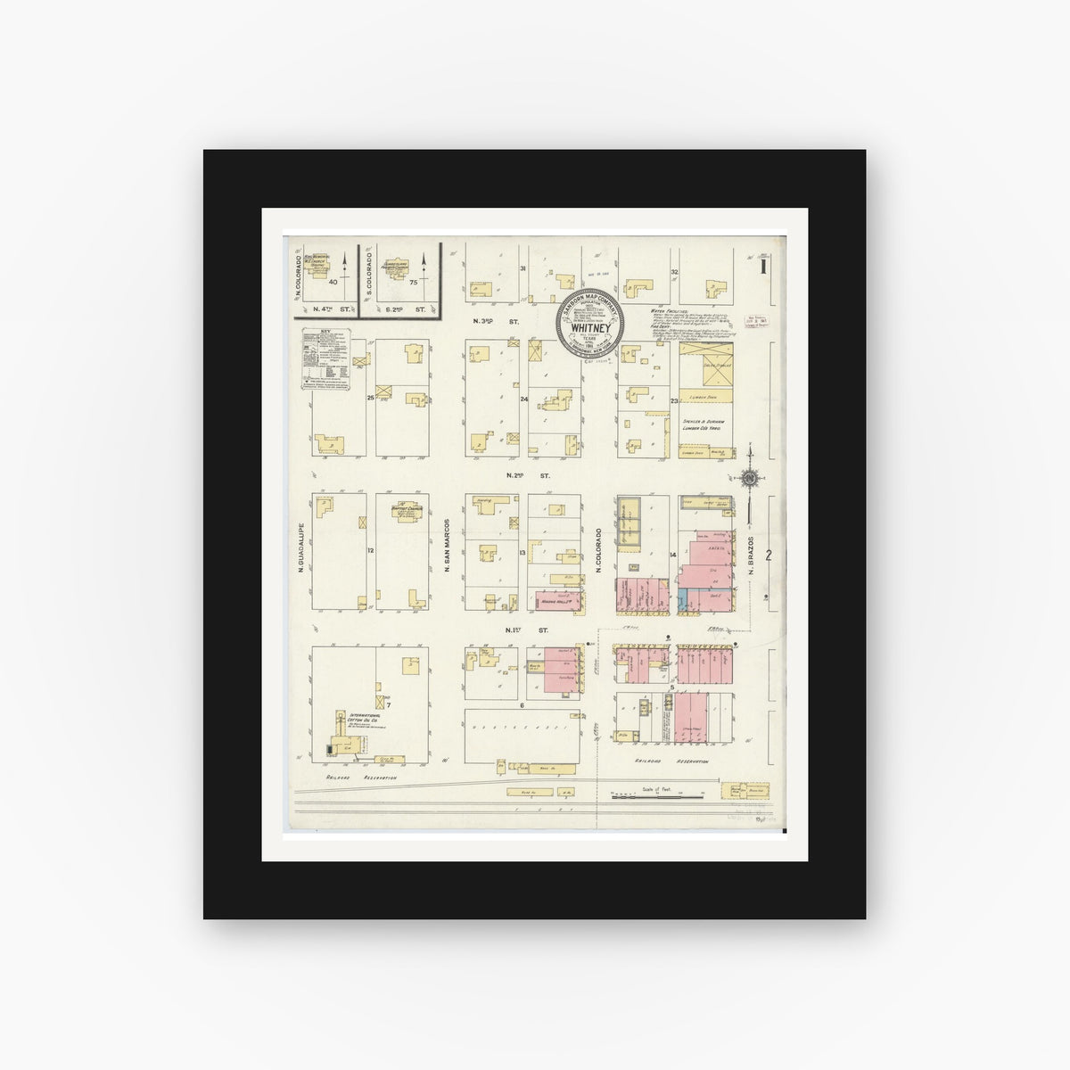 Old map wall art mockup — black gallery frame with white mat — Sanborn Fire Insurance Map from Whitney, Hill County, Texas (1911), Sheet #0001
