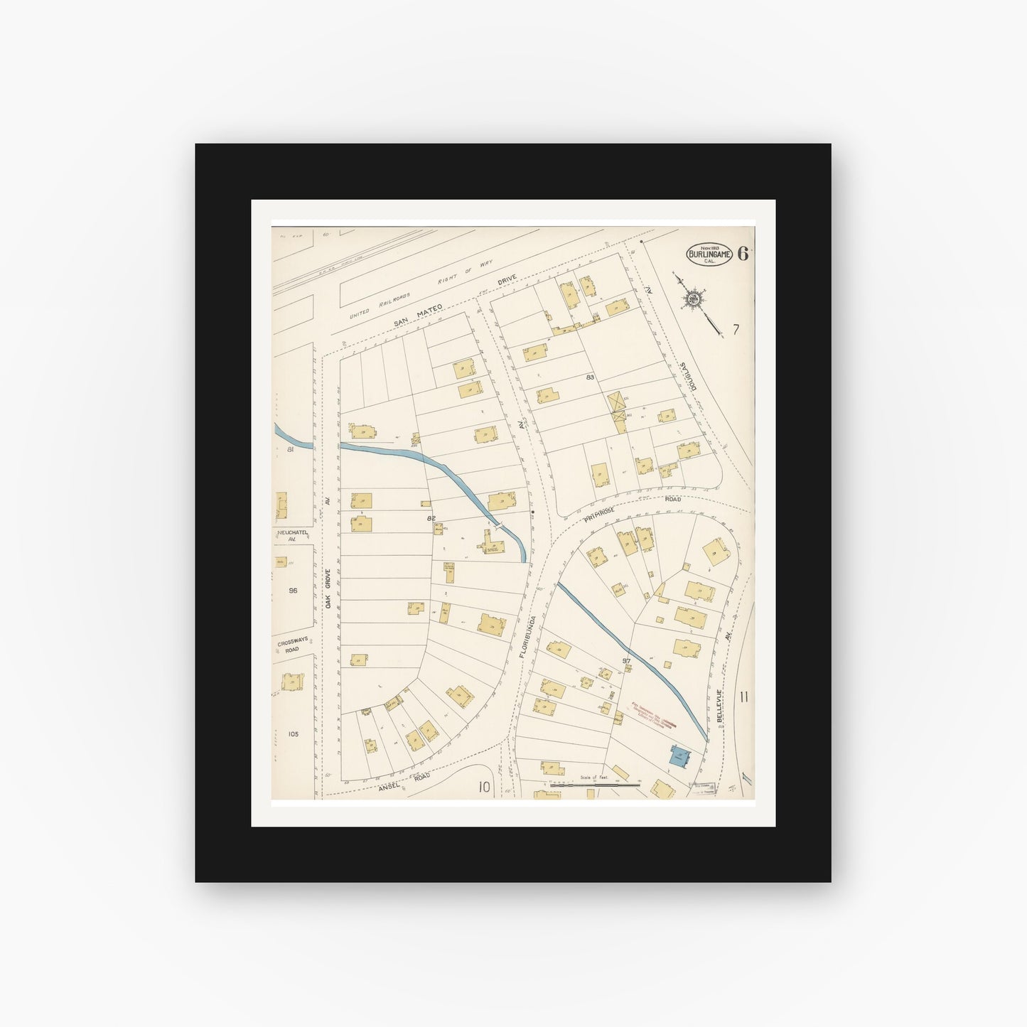 Old map wall art mockup — black gallery frame with white mat — Sanborn Fire Insurance Map from Burlingame, San Mateo County, California (1913), Sheet #0006
