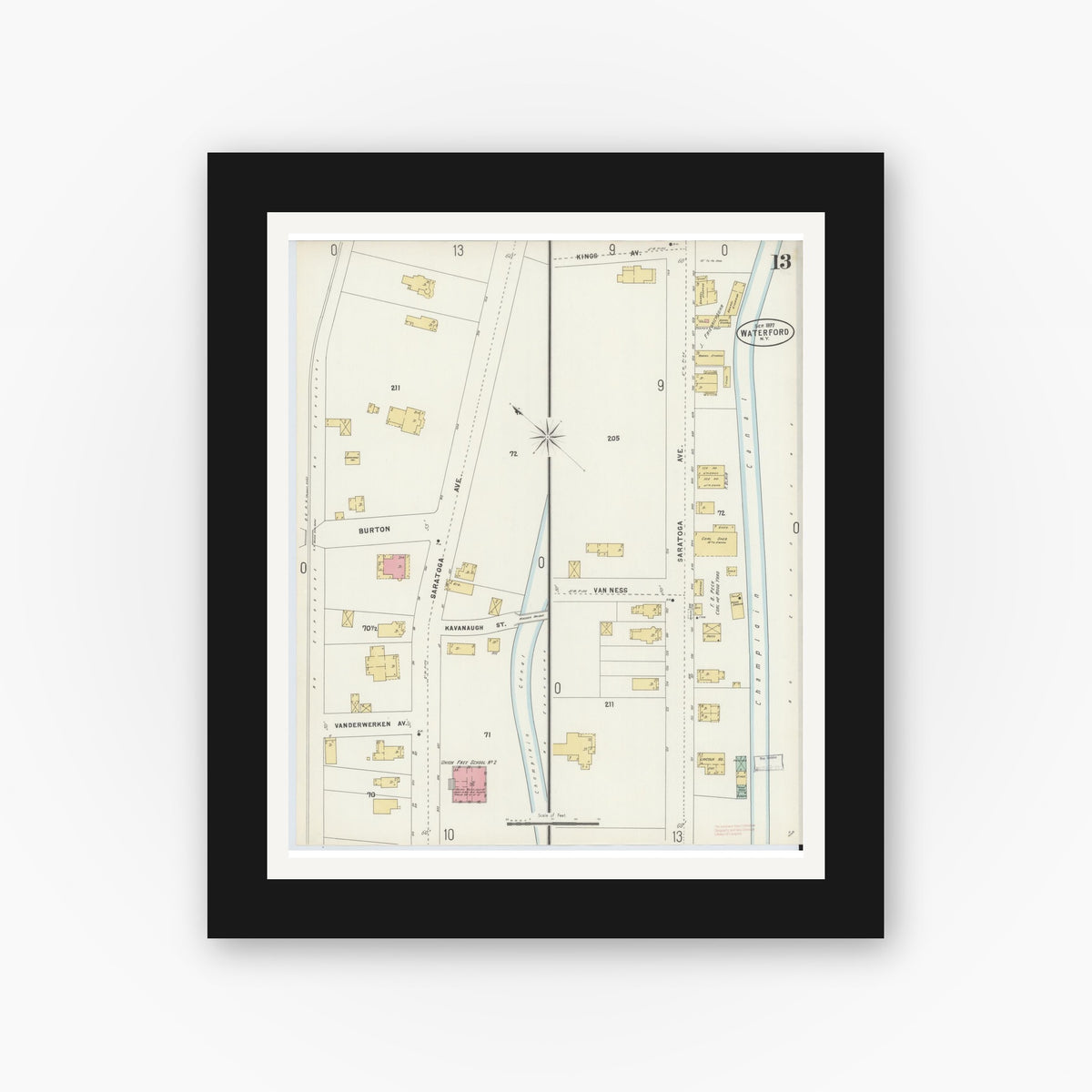 Old map wall art mockup — black gallery frame with white mat — Sanborn Fire Insurance Map from Waterford, Saratoga County, New York (1897), Sheet #0013