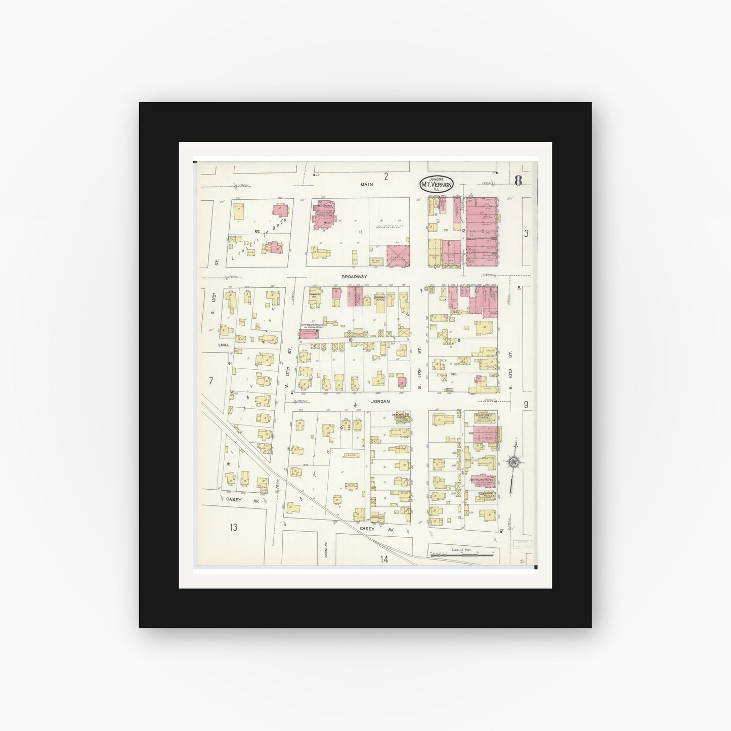 Old map wall art mockup — black gallery frame with white mat — Sanborn Fire Insurance Map from Mount Vernon, Jefferson County, Illinois (1913), Sheet #0008