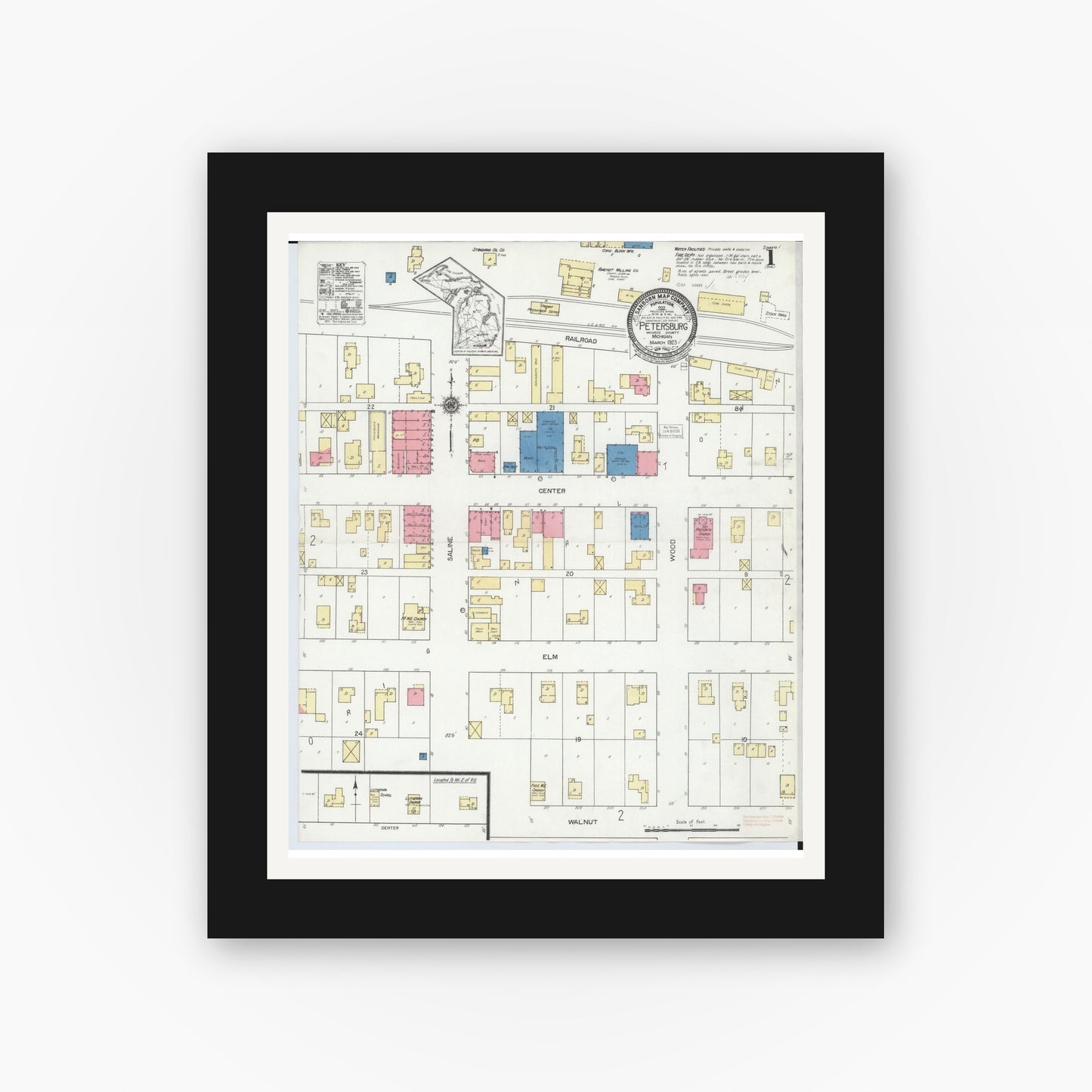 Old map wall art mockup — black gallery frame with white mat — Sanborn Fire Insurance Map from Petersburg, Monroe County, Michigan (1923), Sheet #0001