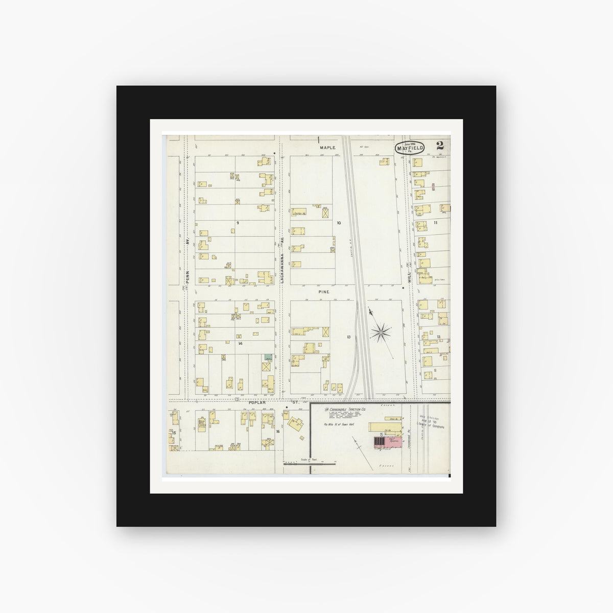 Old map wall art mockup β black gallery frame with white mat β Sanborn Fire Insurance Map from Mayfield, Lackawanna County, Pennsylvania (1896), Sheet #0002