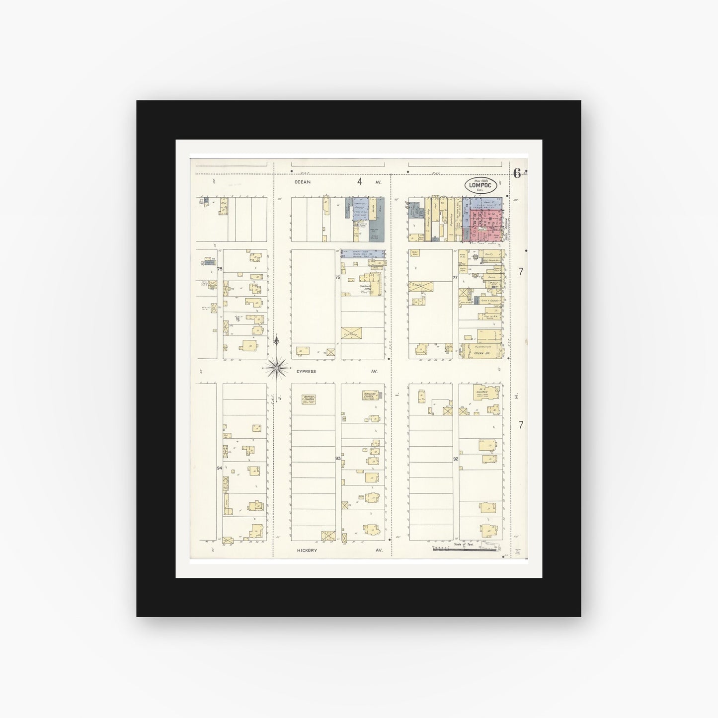 Old map wall art mockup — black gallery frame with white mat — Sanborn Fire Insurance Map from Lompoc, Santa Barbara County, California (1909), Sheet #0006