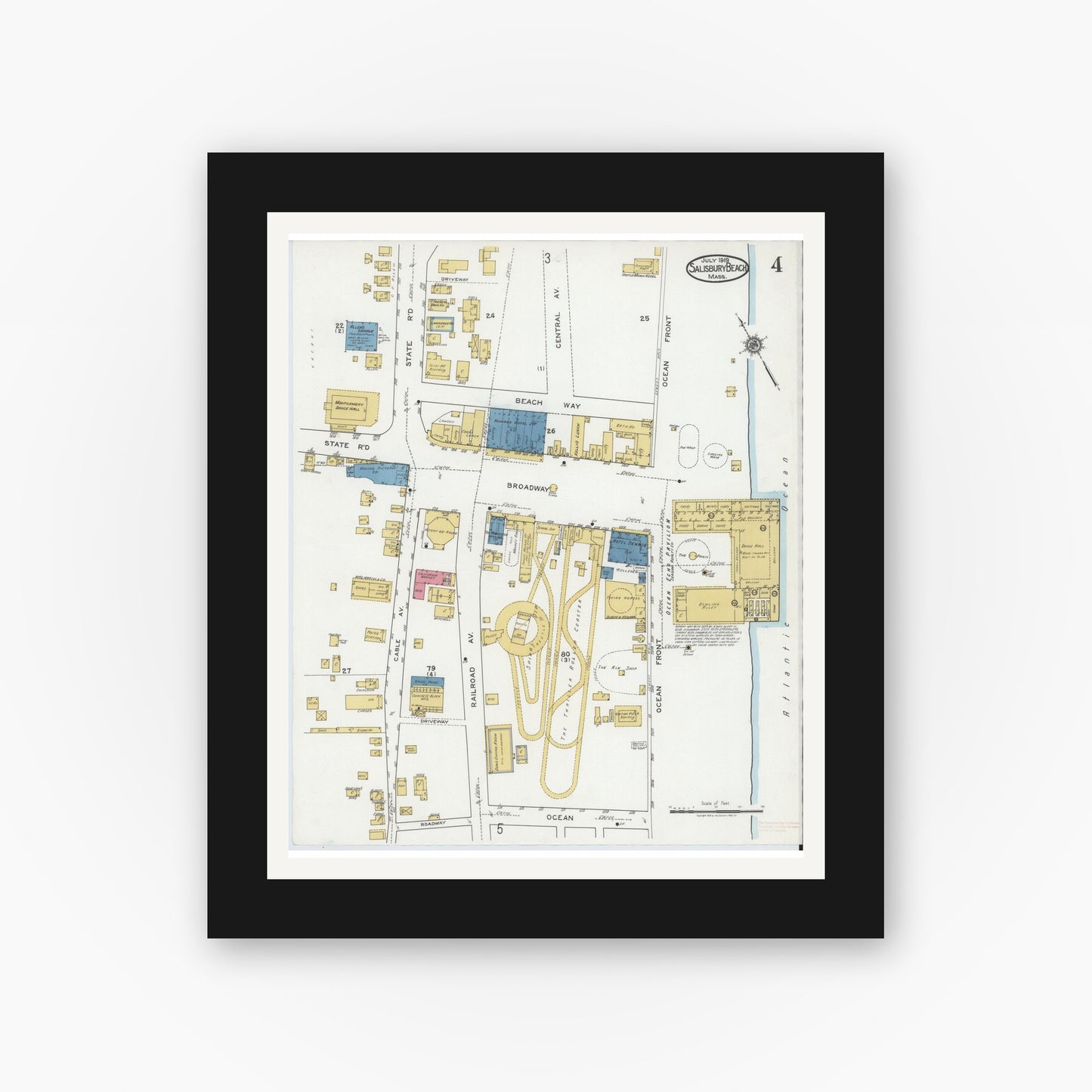 Old map wall art mockup — black gallery frame with white mat — Sanborn Fire Insurance Map from Salisbury, Essex County, Massachusetts (1919), Sheet #0004