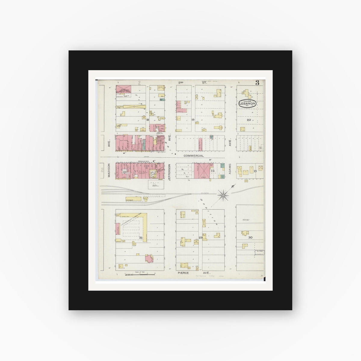 Old map wall art mockup — black gallery frame with white mat — Sanborn Fire Insurance Map from Lebanon, Laclede County, Missouri (1893), Sheet #0003