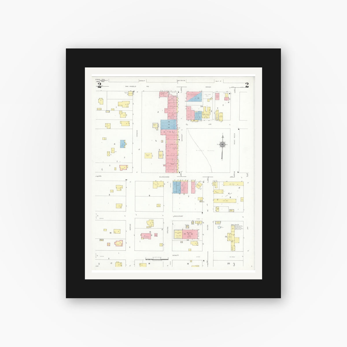 Old map wall art mockup — black gallery frame with white mat — Sanborn Fire Insurance Map from Eden, Concho County, Texas (1940), Sheet #0002