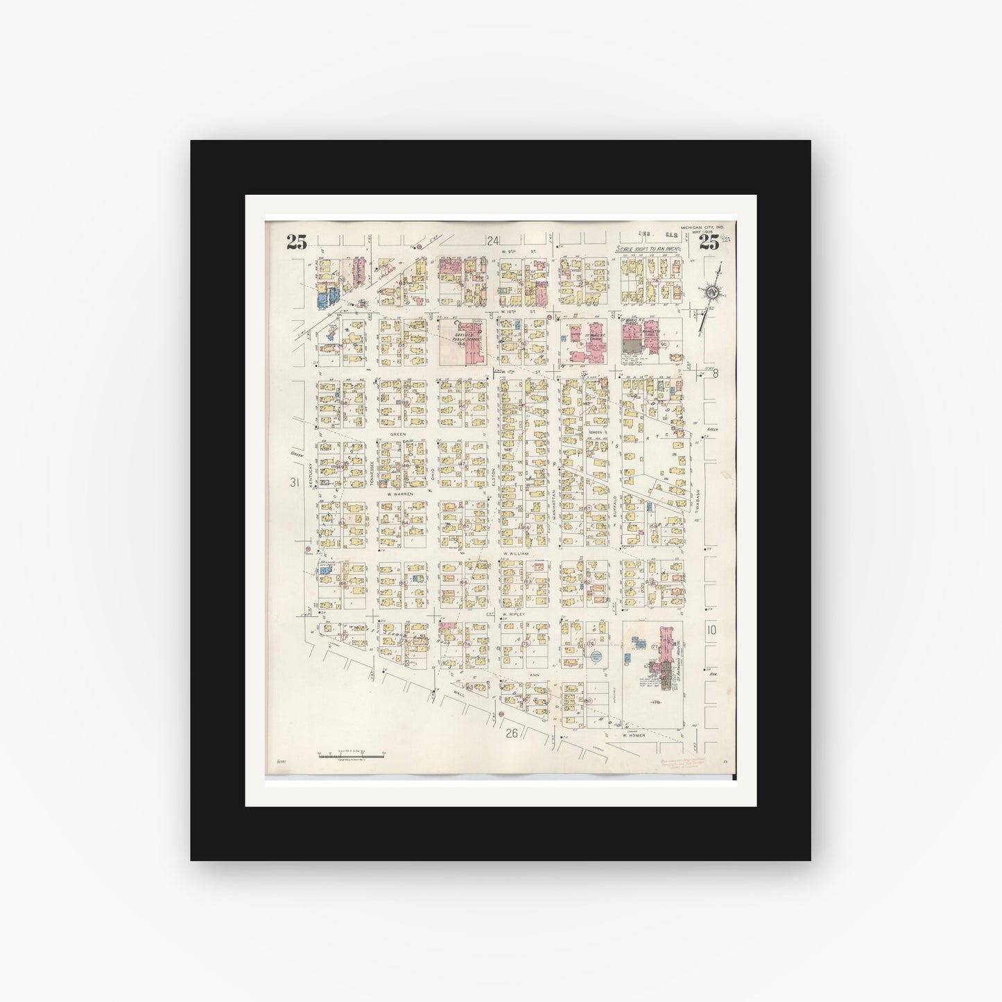 Old map wall art mockup — black gallery frame with white mat — Sanborn Fire Insurance Map from Michigan City, La Porte County, Indiana (1948), Sheet #0025