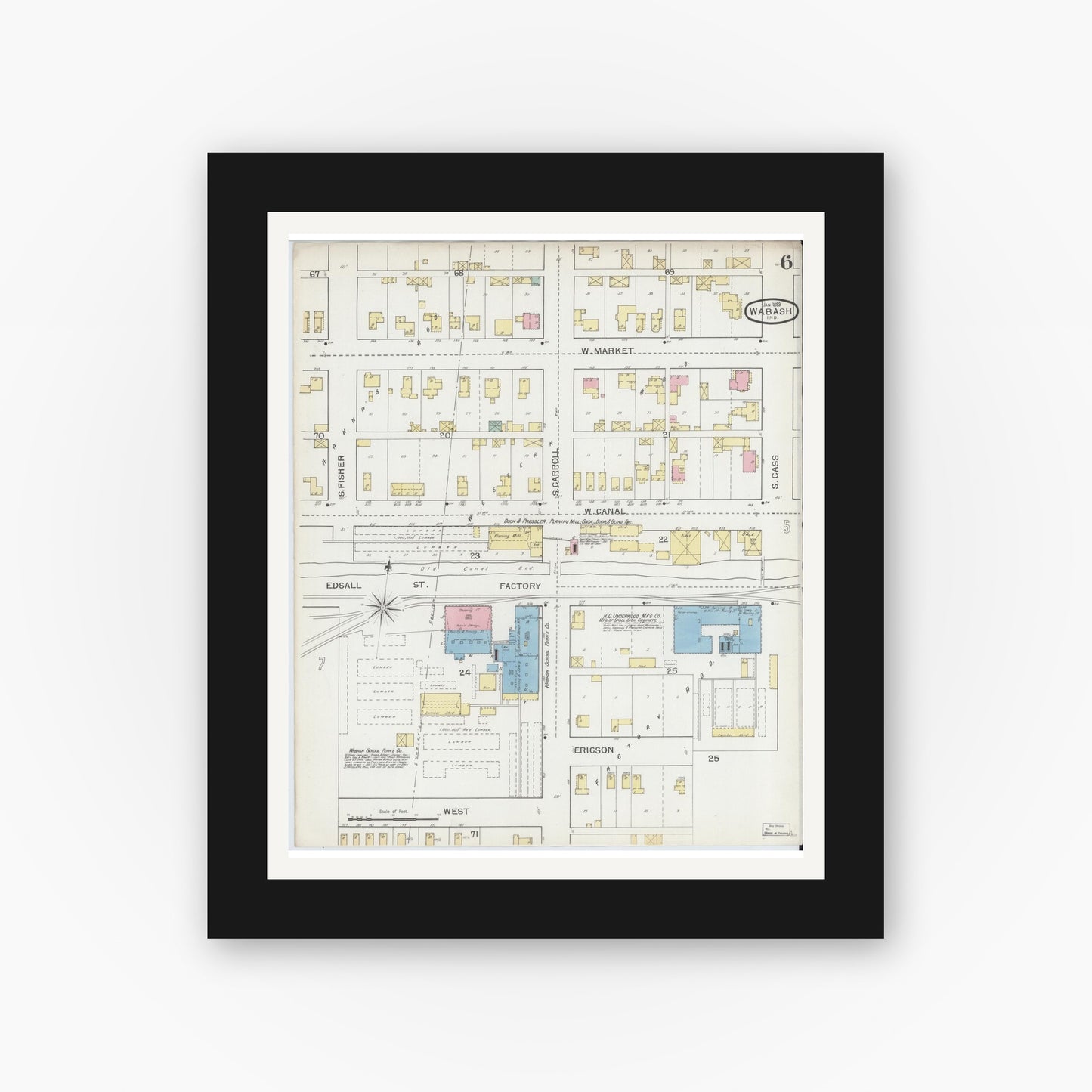 Old map wall art mockup — black gallery frame with white mat — Sanborn Fire Insurance Map from Wabash, Wabash County, Indiana (1893), Sheet #0006