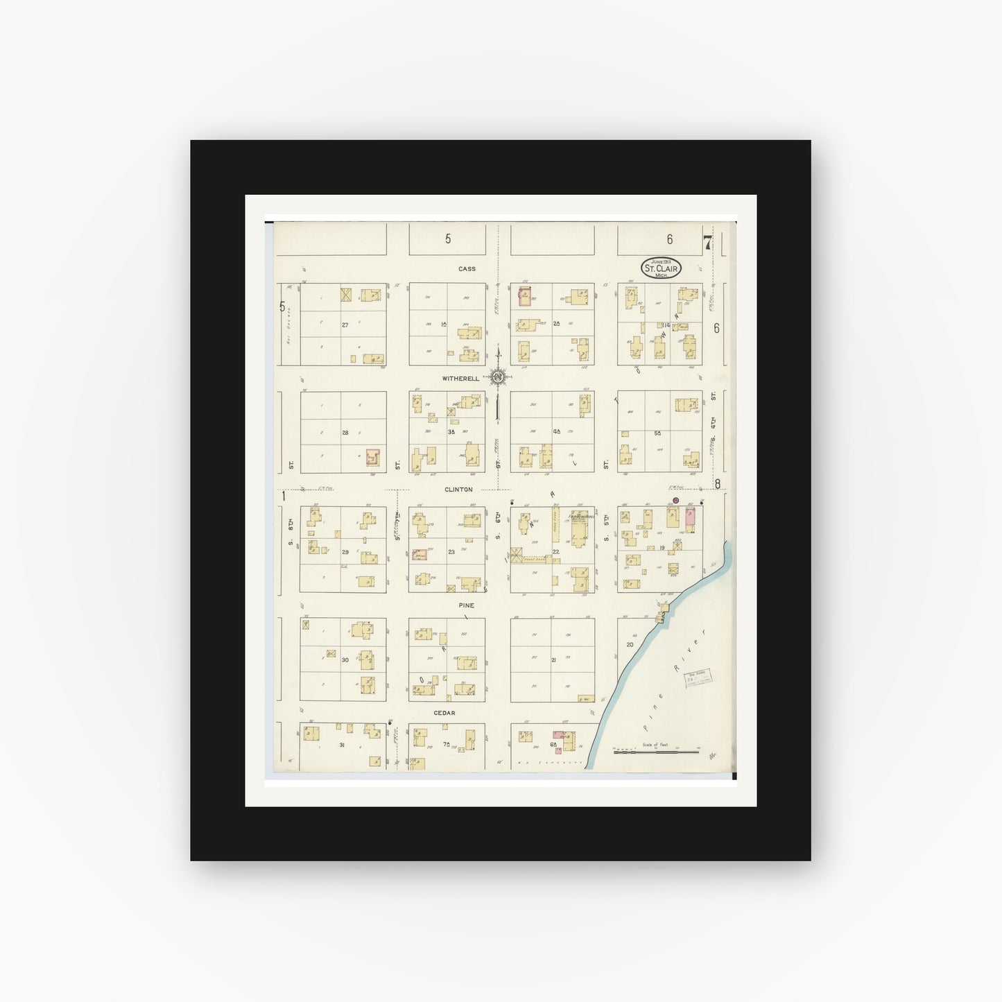 Old map wall art mockup — black gallery frame with white mat — Sanborn Fire Insurance Map from Saint Clair, Saint Clair County, Michigan (1913), Sheet #0007