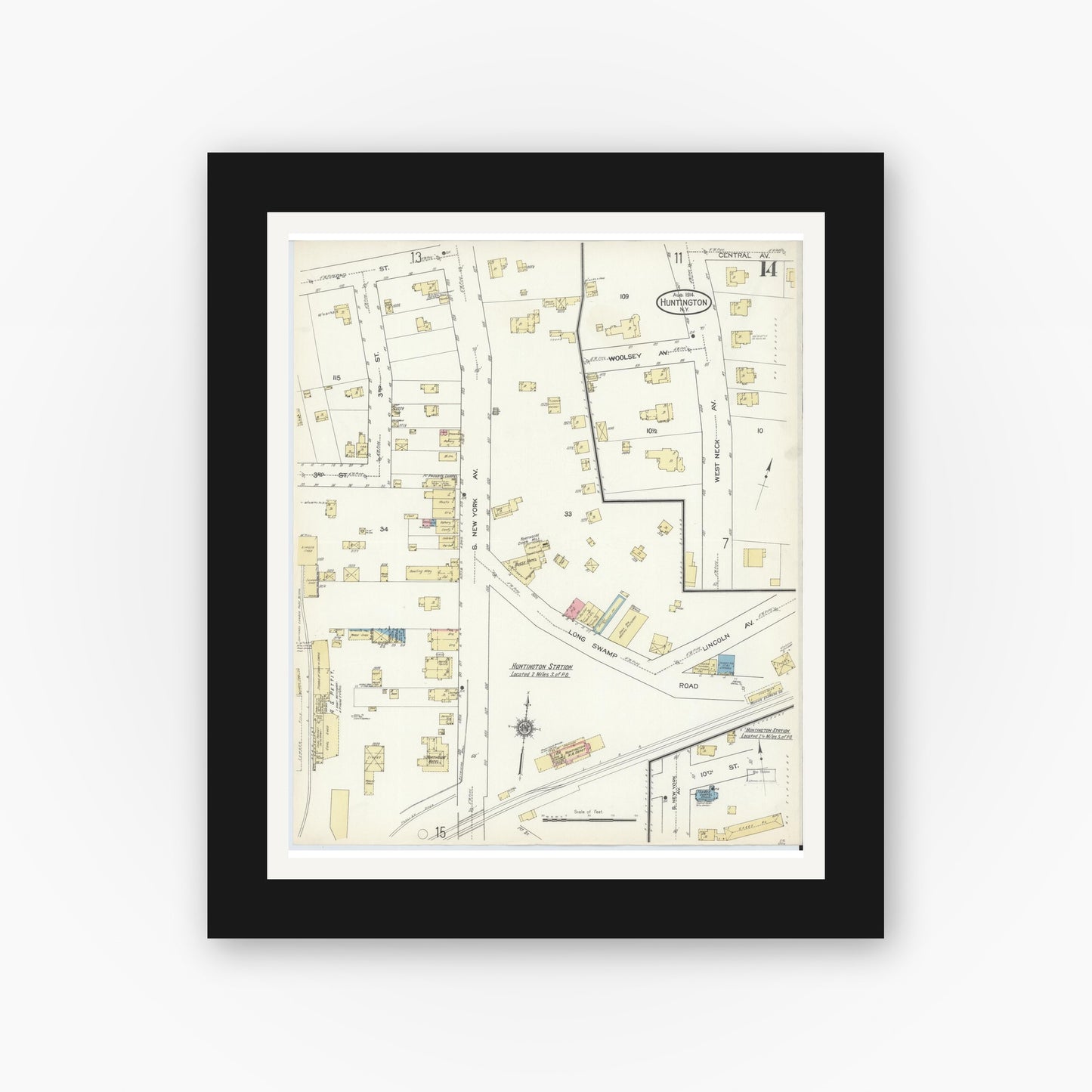Old map wall art mockup — black gallery frame with white mat — Sanborn Fire Insurance Map from Huntington, Suffolk County, New York (1914), Sheet #0014