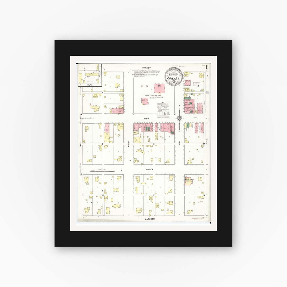 Old map wall art mockup — black gallery frame with white mat — Sanborn Fire Insurance Map from Panora, Guthrie County, Iowa (1909) — Complete Set