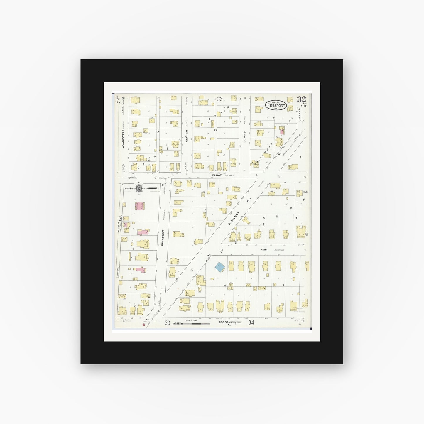 Old map wall art mockup — black gallery frame with white mat — Sanborn Fire Insurance Map from Freeport, Stephenson County, Illinois (1910), Sheet #0032