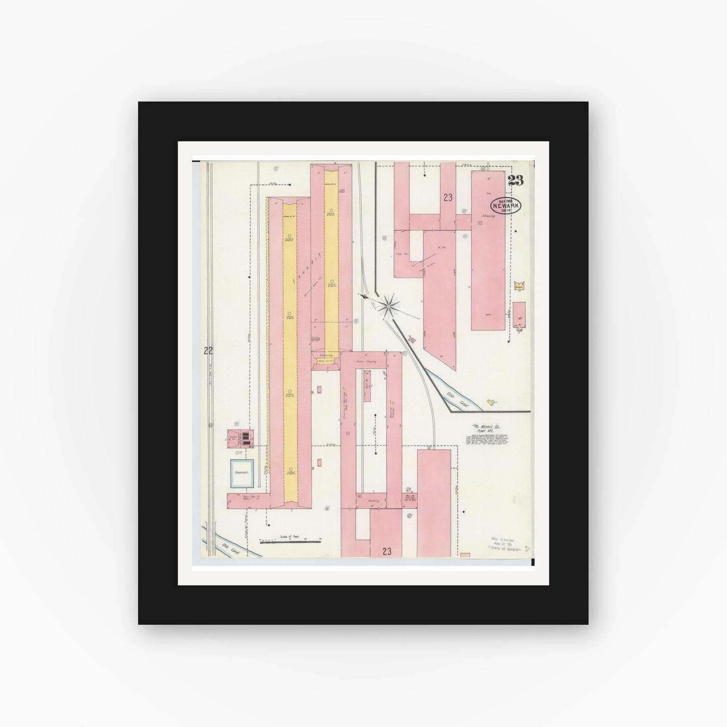 Old map wall art mockup — black gallery frame with white mat — Sanborn Fire Insurance Map from Newark, Licking County, Ohio (1905), Sheet #0023