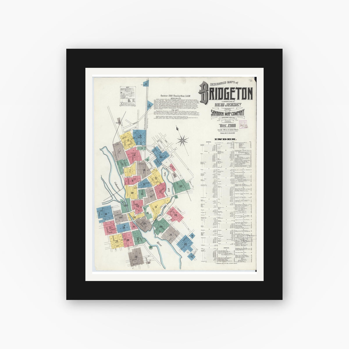 Old map wall art mockup — black gallery frame with white mat — Sanborn Fire Insurance Map from Bridgeton, Cumberland County, New Jersey (1908) - Complete Map Set