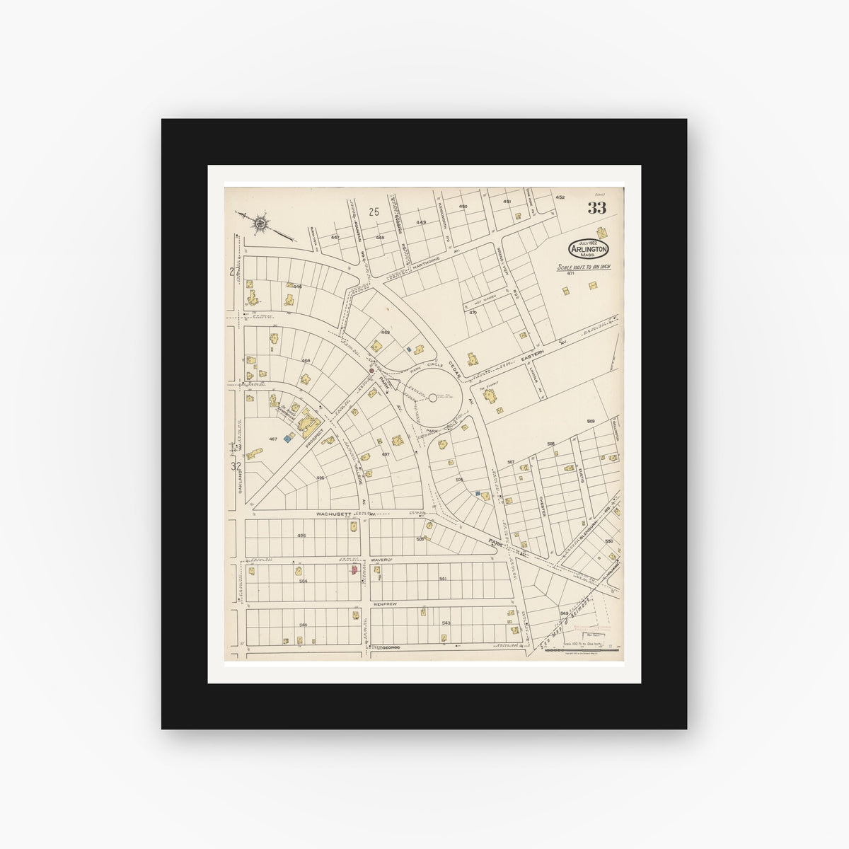 Old map wall art mockup — black gallery frame with white mat — Sanborn Fire Insurance Map from Arlington, Middlesex County, Massachusetts (1922), Sheet #0033