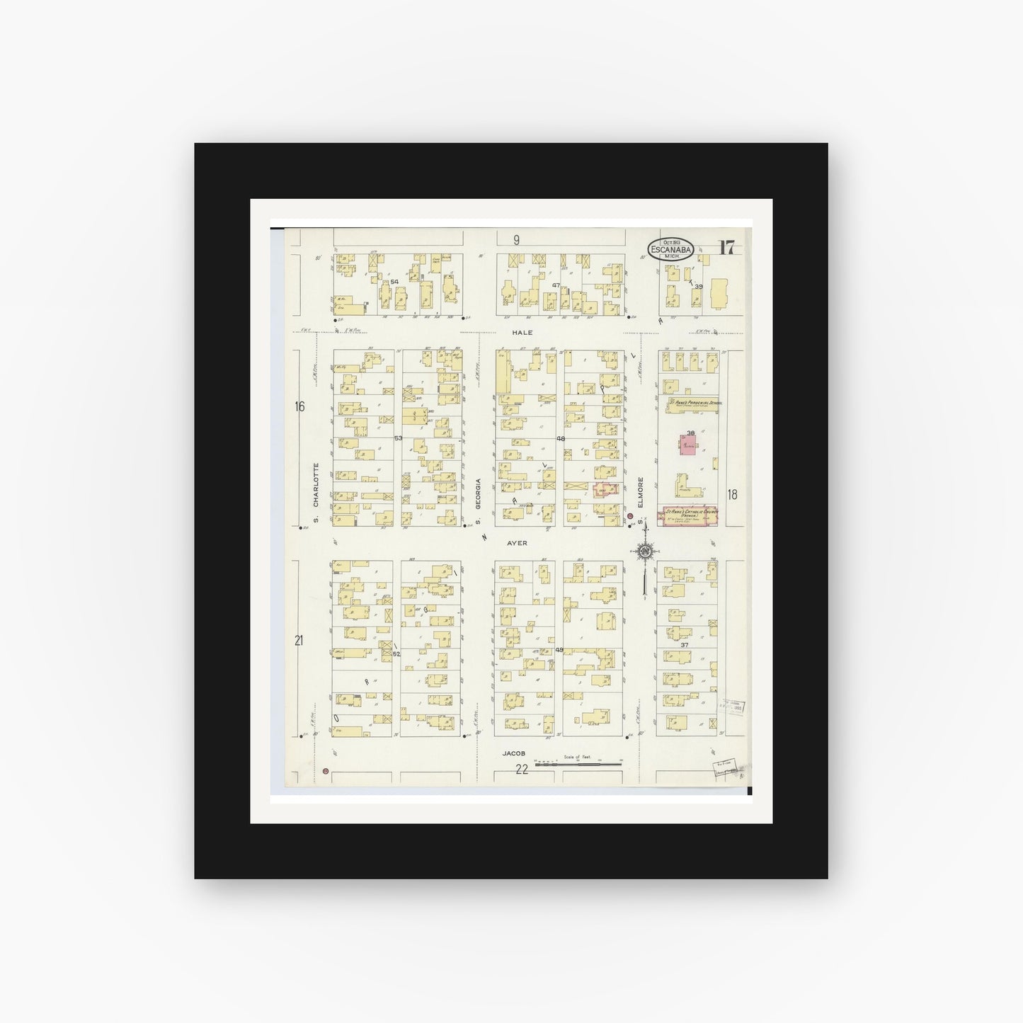Old map wall art mockup — black gallery frame with white mat — Sanborn Fire Insurance Map from Escanaba, Delta County, Michigan (1913), Sheet #0017