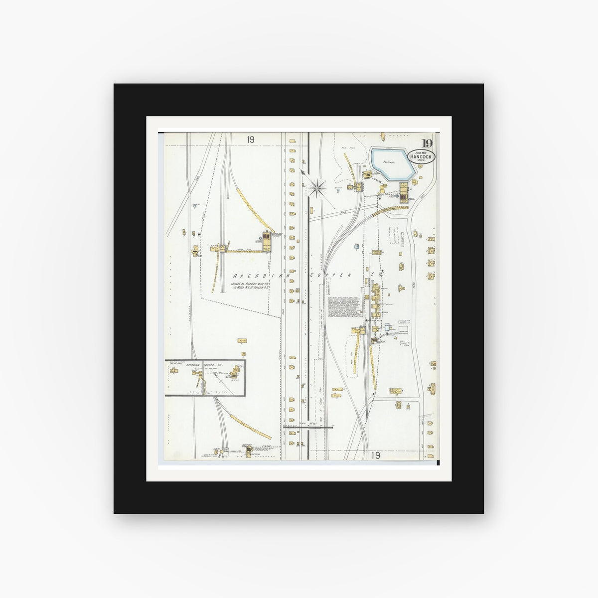 Old map wall art mockup — black gallery frame with white mat — Sanborn Fire Insurance Map from Houghton, Houghton County, Michigan (1900), Sheet #0019