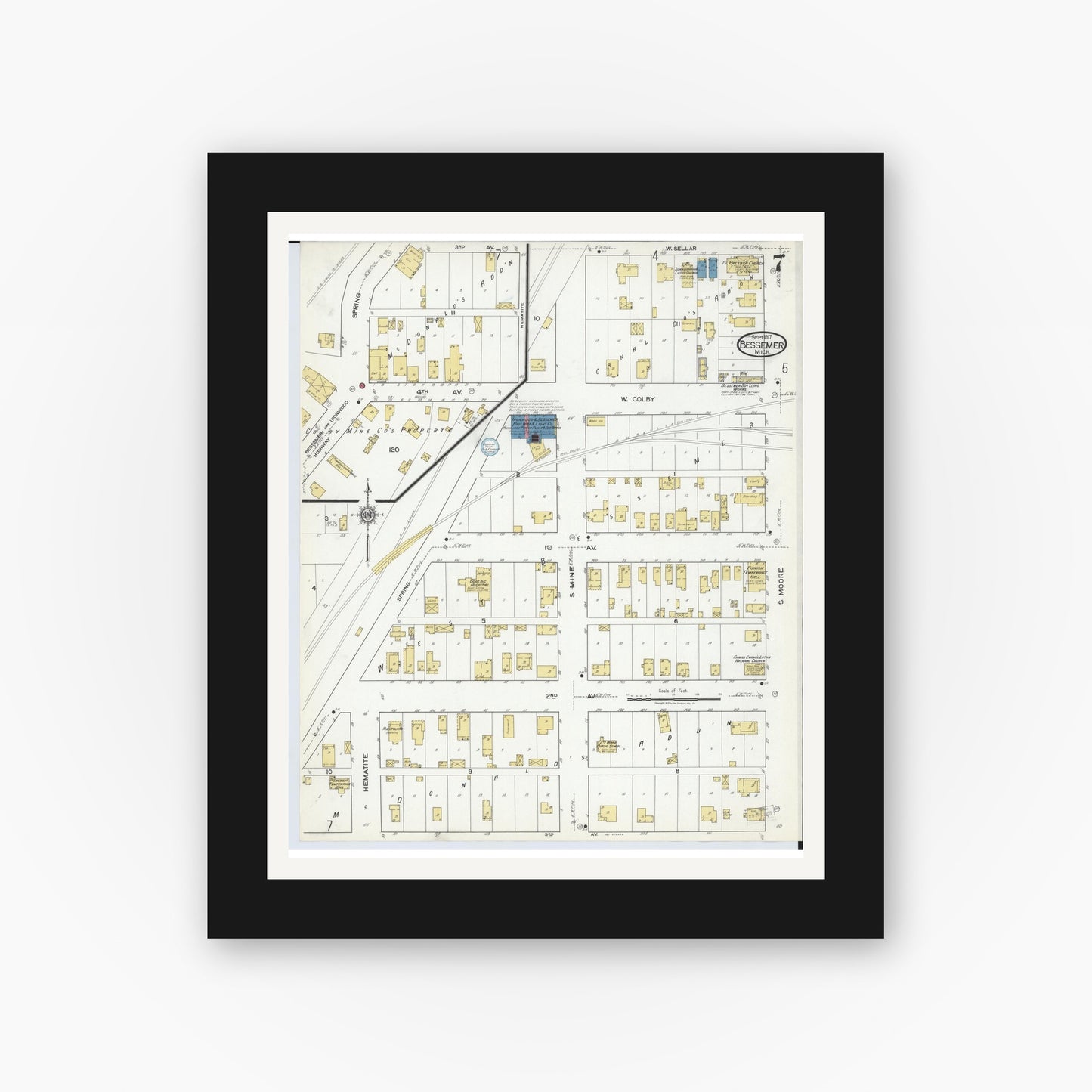 Old map wall art mockup — black gallery frame with white mat — Sanborn Fire Insurance Map from Bessemer, Gogebic County, Michigan (1917), Sheet #0007