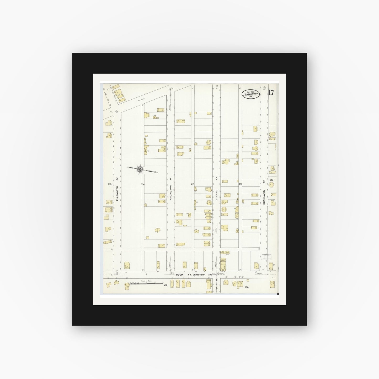 Old map wall art mockup — black gallery frame with white mat — Sanborn Fire Insurance Map from Jeannette, Westmoreland County, Pennsylvania (1910), Sheet #0017