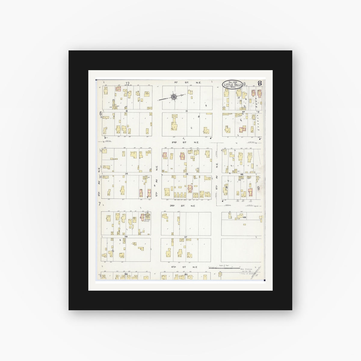 Old map wall art mockup — black gallery frame with white mat — Sanborn Fire Insurance Map from Little Falls, Morrison County, Minnesota (1909), Sheet #0008