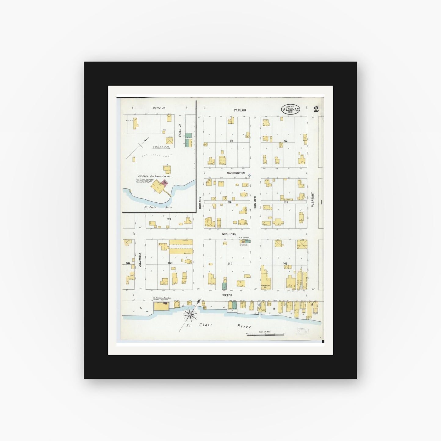 Old map wall art mockup — black gallery frame with white mat — Sanborn Fire Insurance Map from Algonac, Saint Clair County, Michigan (1900), Sheet #0002
