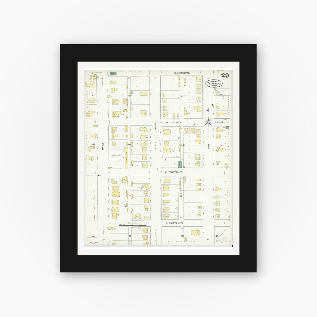 Old map wall art mockup — black gallery frame with white mat — Sanborn Fire Insurance Map from Texarkana, Bowie County, Texas (1909), Sheet #0029