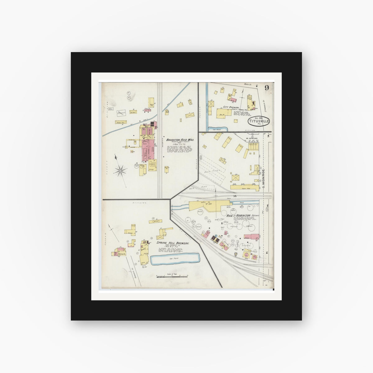 Old map wall art mockup — black gallery frame with white mat — Sanborn Fire Insurance Map from Titusville, Crawford County, Pennsylvania (1893), Sheet #0009