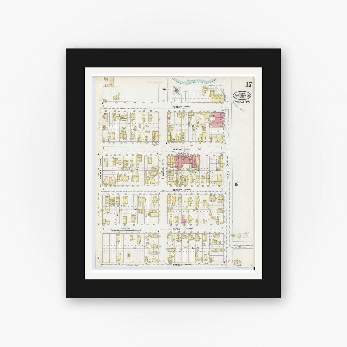 Old map wall art mockup — black gallery frame with white mat — Sanborn Fire Insurance Map from Port Huron, Saint Clair County, Michigan (1898), Sheet #0017