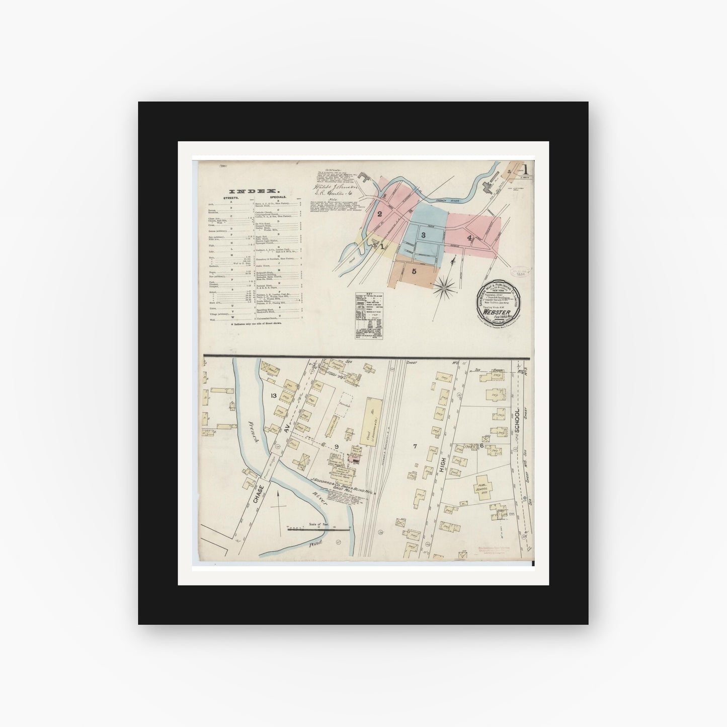 Old map wall art mockup — black gallery frame with white mat — Sanborn Fire Insurance Map from Webster, Worcester County, Massachusetts (1888), Sheet #0001
