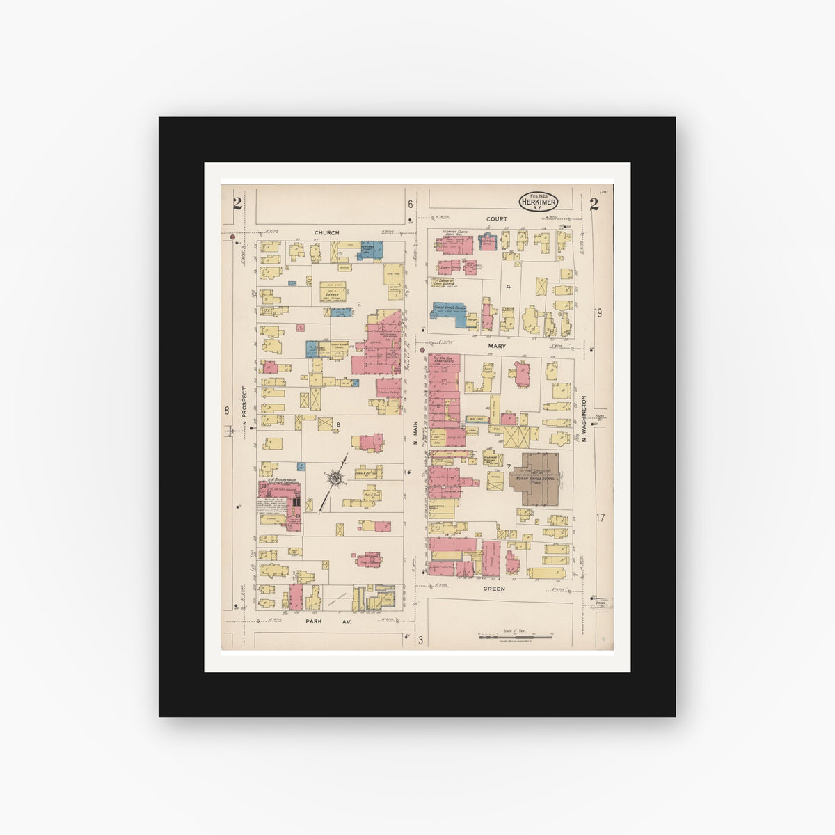 Old map wall art mockup — black gallery frame with white mat — Sanborn Fire Insurance Map from Herkimer, Herkimer County, New York (1923) - Complete Map Set