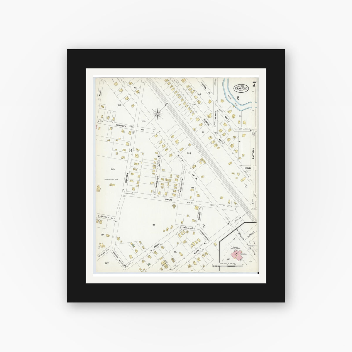 Old map wall art mockup — black gallery frame with white mat — Sanborn Fire Insurance Map from Cranford, Union County, New Jersey (1908), Sheet #0007