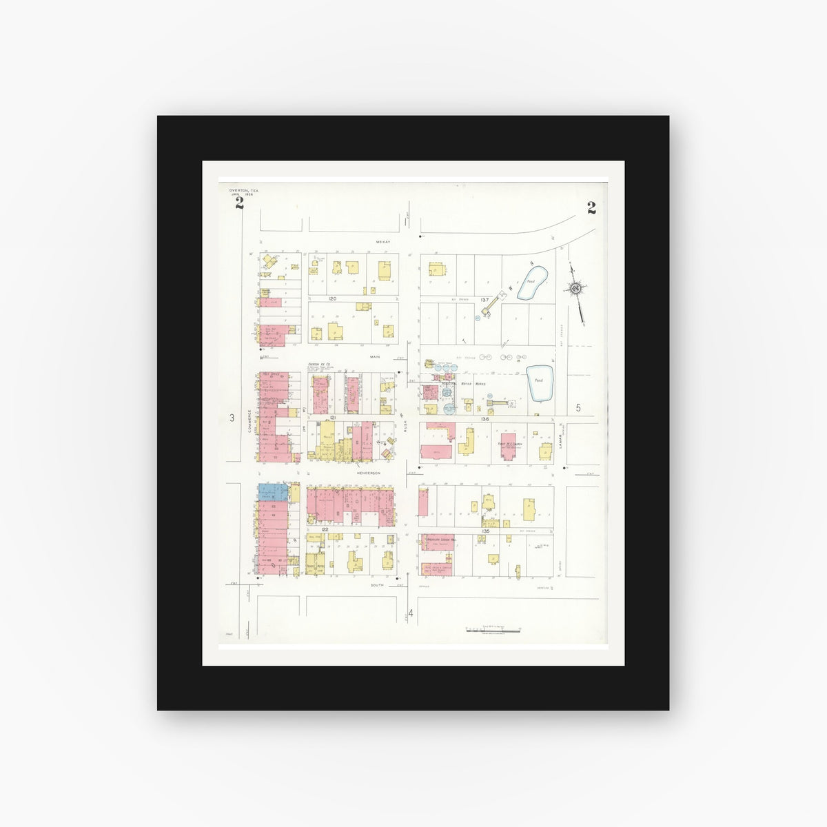 Old map wall art mockup — black gallery frame with white mat — Sanborn Fire Insurance Map from Overton, Rusk County, Texas (1936), Sheet #0002