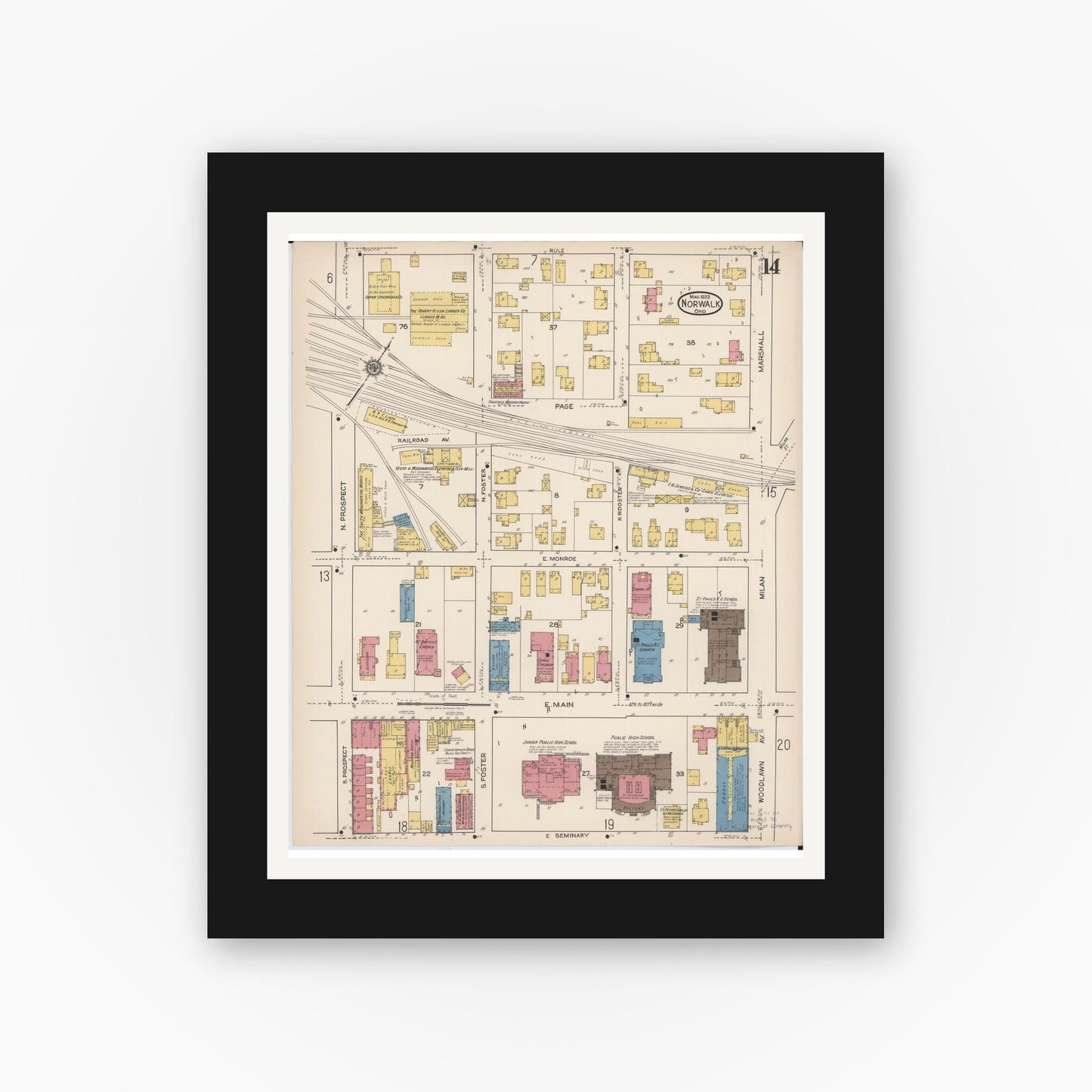 Old map wall art mockup — black gallery frame with white mat — Sanborn Fire Insurance Map from Norwalk, Huron County, Ohio (1922), Sheet #0014
