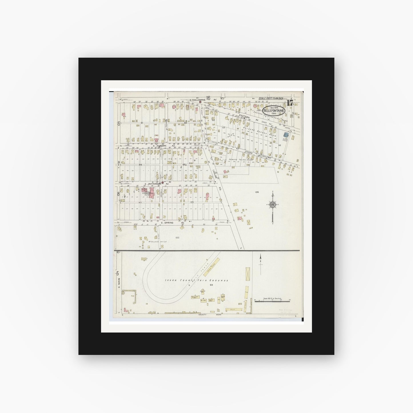 Old map wall art mockup — black gallery frame with white mat — Sanborn Fire Insurance Map from Bellefontaine, Logan County, Ohio (1914), Sheet #0017